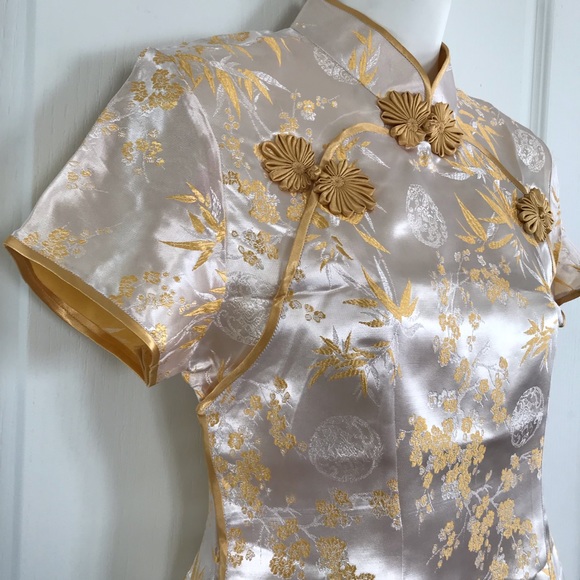 Satin Brocade Gold Bamboo Pattern 2pc Cheongsam QiPao Blouse & Skirt Set - Picture 2 of 5